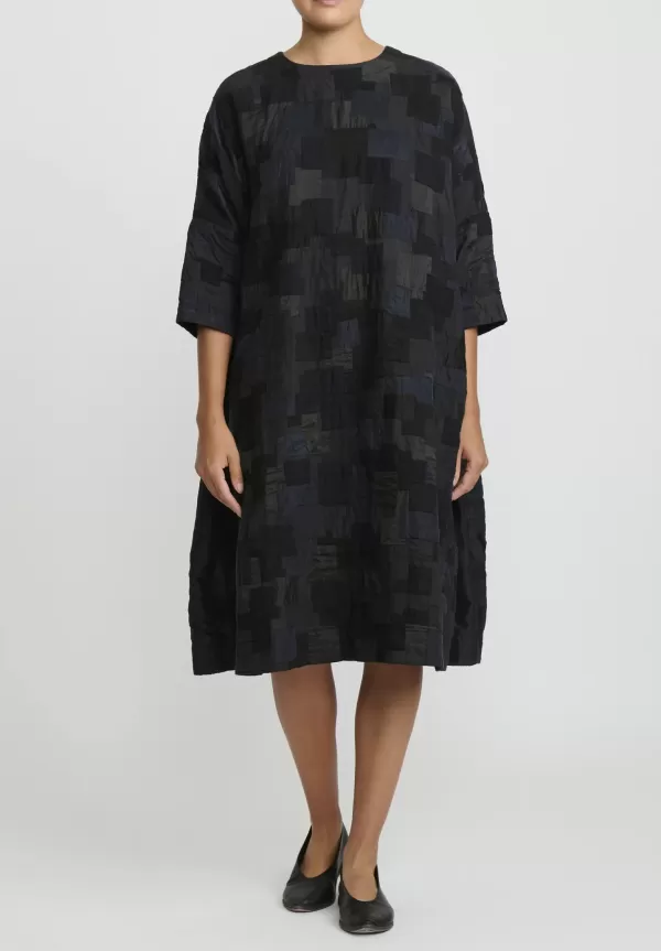 Cotton, Linen And Silk Patched A-Line Dress In Sumi Black>AODress Online