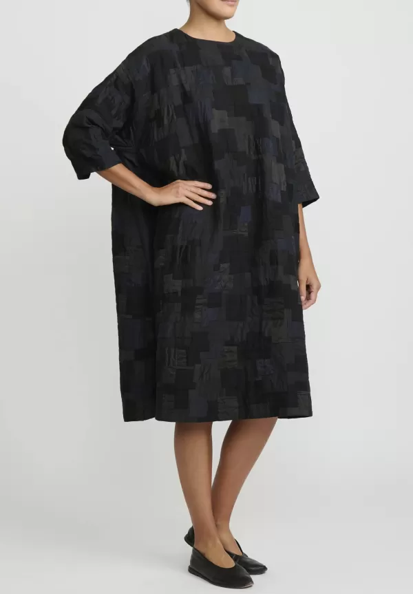 Cotton, Linen And Silk Patched A-Line Dress In Sumi Black>AODress Online