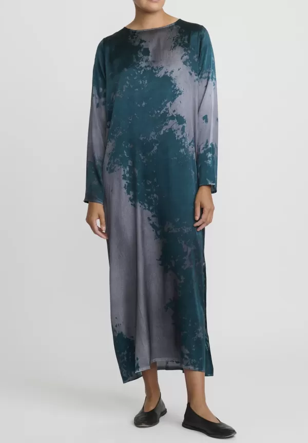 Hand-Painted Silk Lunga Dress In Velo Nero & Forest Green>Avant Toi New