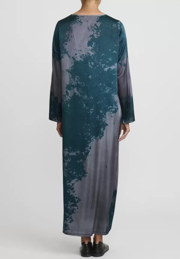 Hand-Painted Silk Lunga Dress In Velo Nero & Forest Green>Avant Toi New