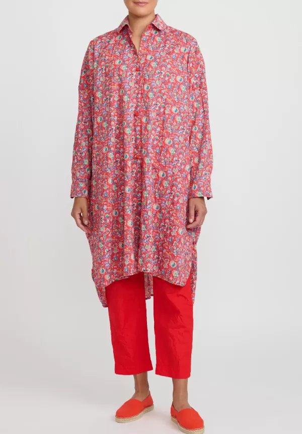 Washed Cotton Uomo Larghissima Rosella Lavata Shirt Dress In Red, Multi Floral>Daniela Gregis Flash Sale
